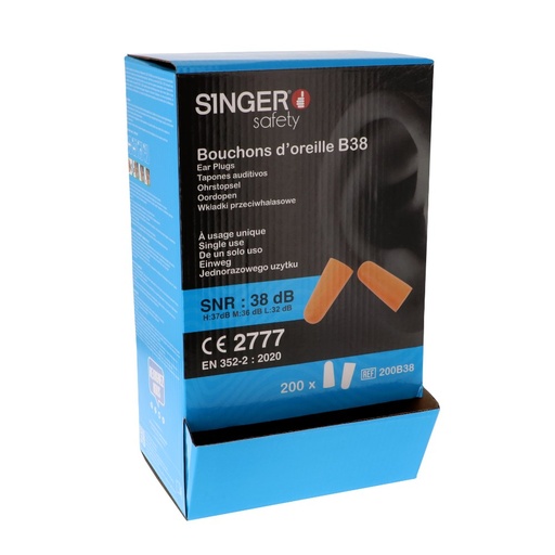 Bouchons d'oreille PU orange, SNR 38dB (boîte de 200 paires) – Singer 200B38