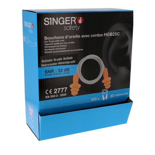 Bouchons d'oreille réutilisable TPE (boîte de 200 paires) – Singer HGB25C200