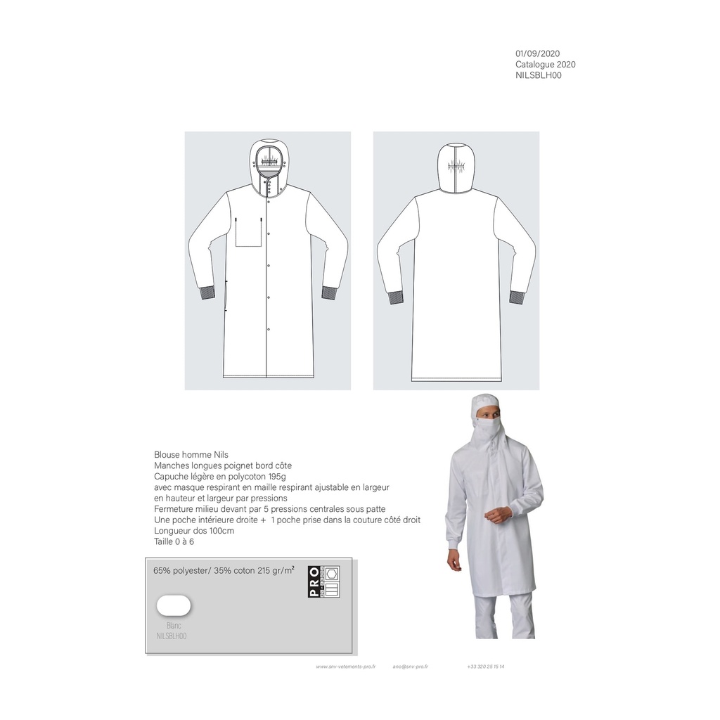 Blouse mixte manches longues à pressions Nils polycoton – SNV NILSBLH