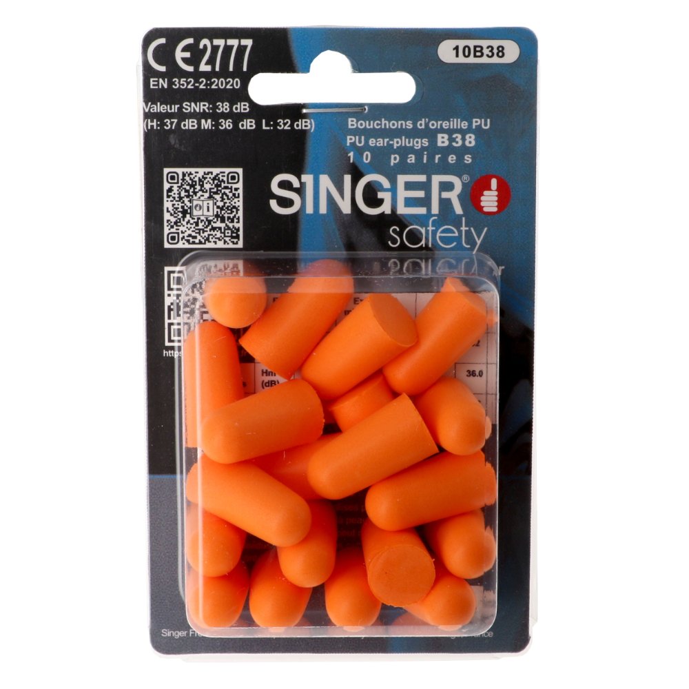 Bouchons d'oreille PU orange, SNR 38dB (boîte de 10 paires) – Singer 10B38
